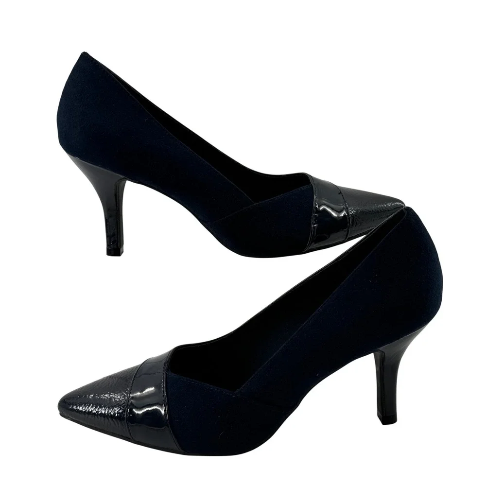 Fioni Jody 7W Wide Pointed Toe Pumps Navy Patent Mixed Media Kitten Heels 164367